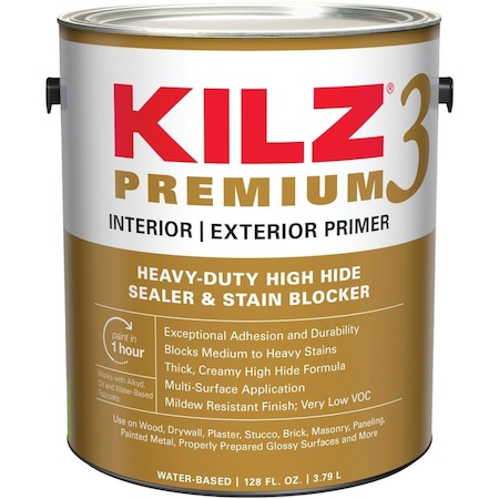 Kilz 3 Premium Water-Base Interior/Exterior Sealer Stain Blocking Primer, White, 1 Gal. 13041